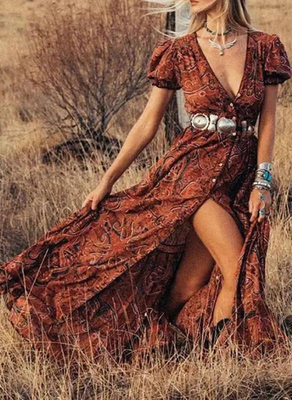 Boho Vintage Floral Chiffon Dress with Three-Quarter Sleeves - Image 26