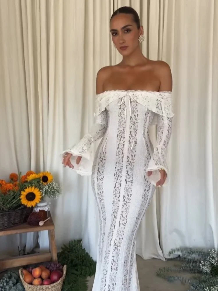 Elegant White Floral Lace Off-Shoulder Maxi Dress for Women - Image 4