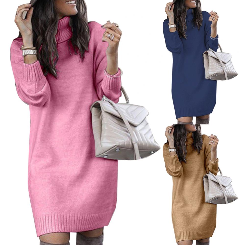 Warm Loose Knee-Length Turtleneck Sweater Dress for Women - Image 15