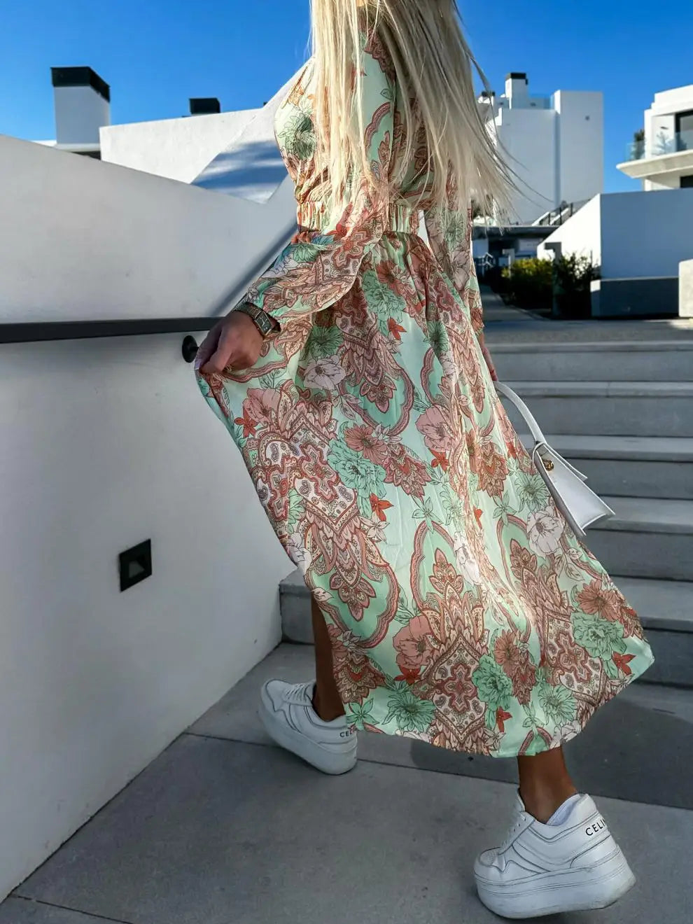 Elegant Floral Print Long Dress with Deep V-Neck - Image 23