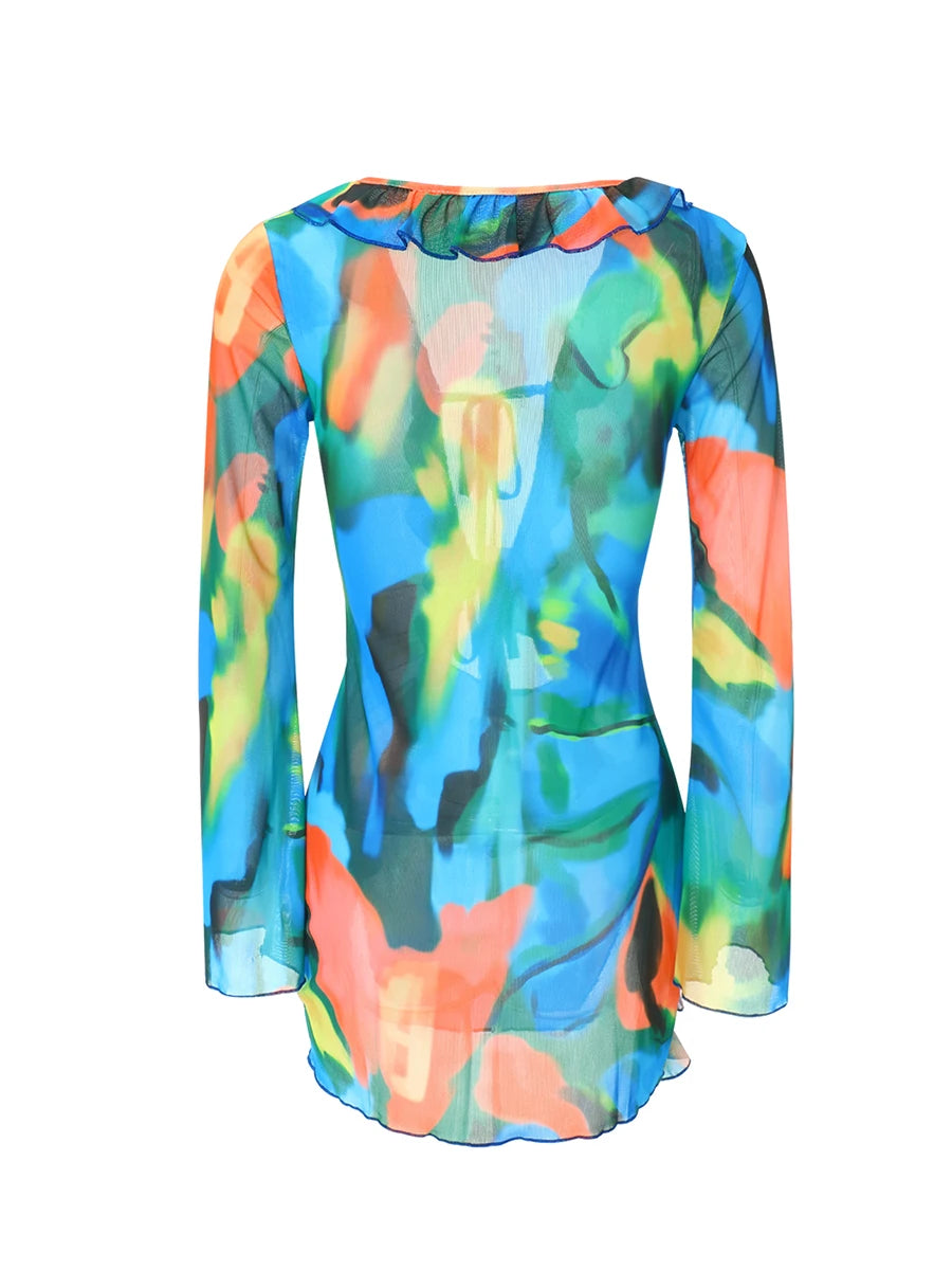 Women's Tie-Dye Mini Dress with Long Sleeves and Slit - Image 21