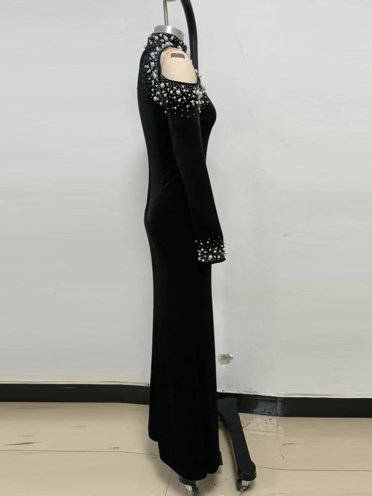 Elegant Off-Shoulder Black Velvet Beaded Evening Dress - Image 11