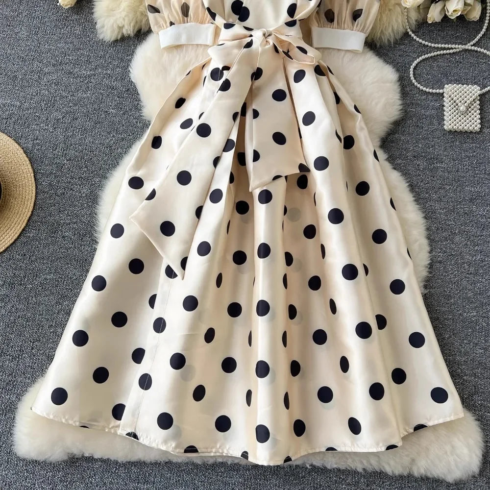 Vintage Polka Dot Maxi Dress with V Neck & Puff Sleeves - Image 14