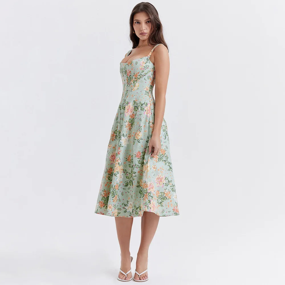 Elegant Green Lace-Up Floral Print Summer Dress for Women - Image 15