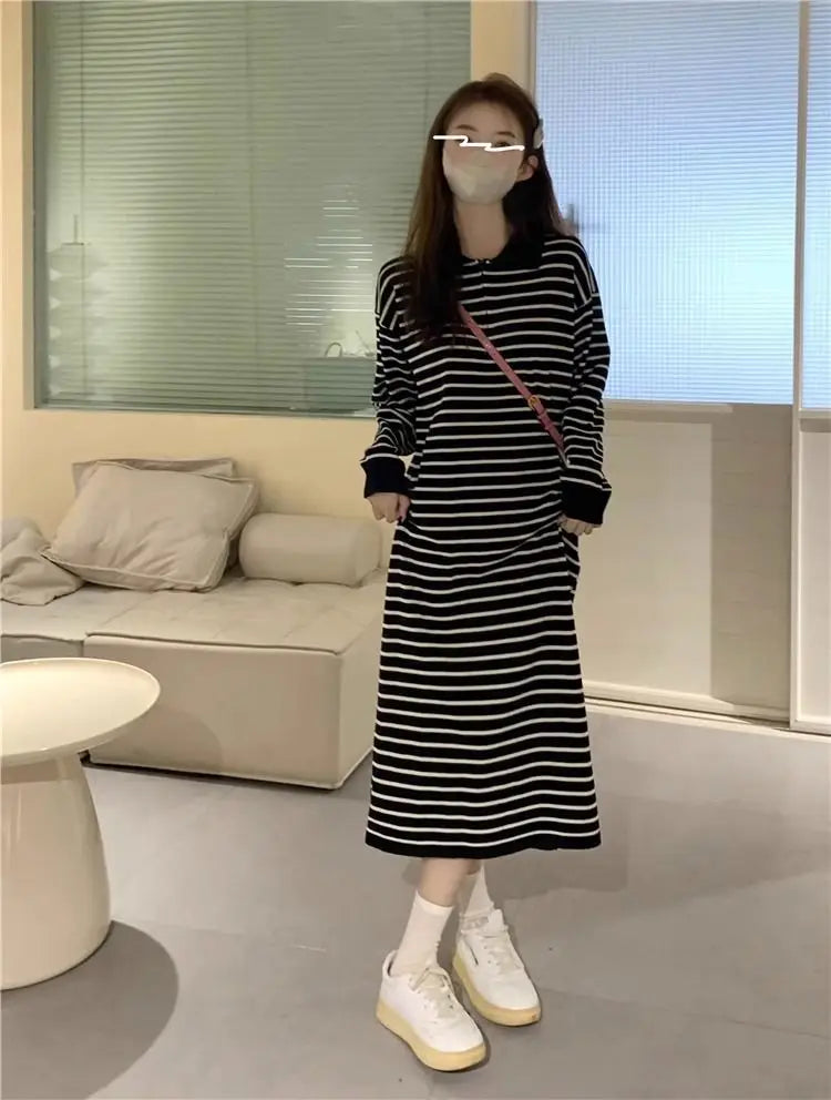 Women's Black Striped Polo Collar Midi Dress - Casual & Flattering - Image 17
