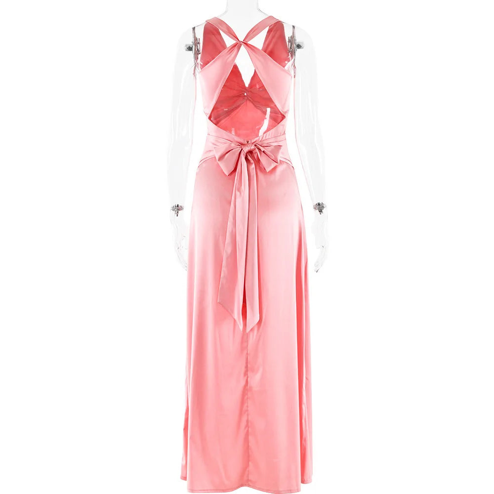 Elegant Satin Bodycon Dress with Deep V Backless Design - Image 13