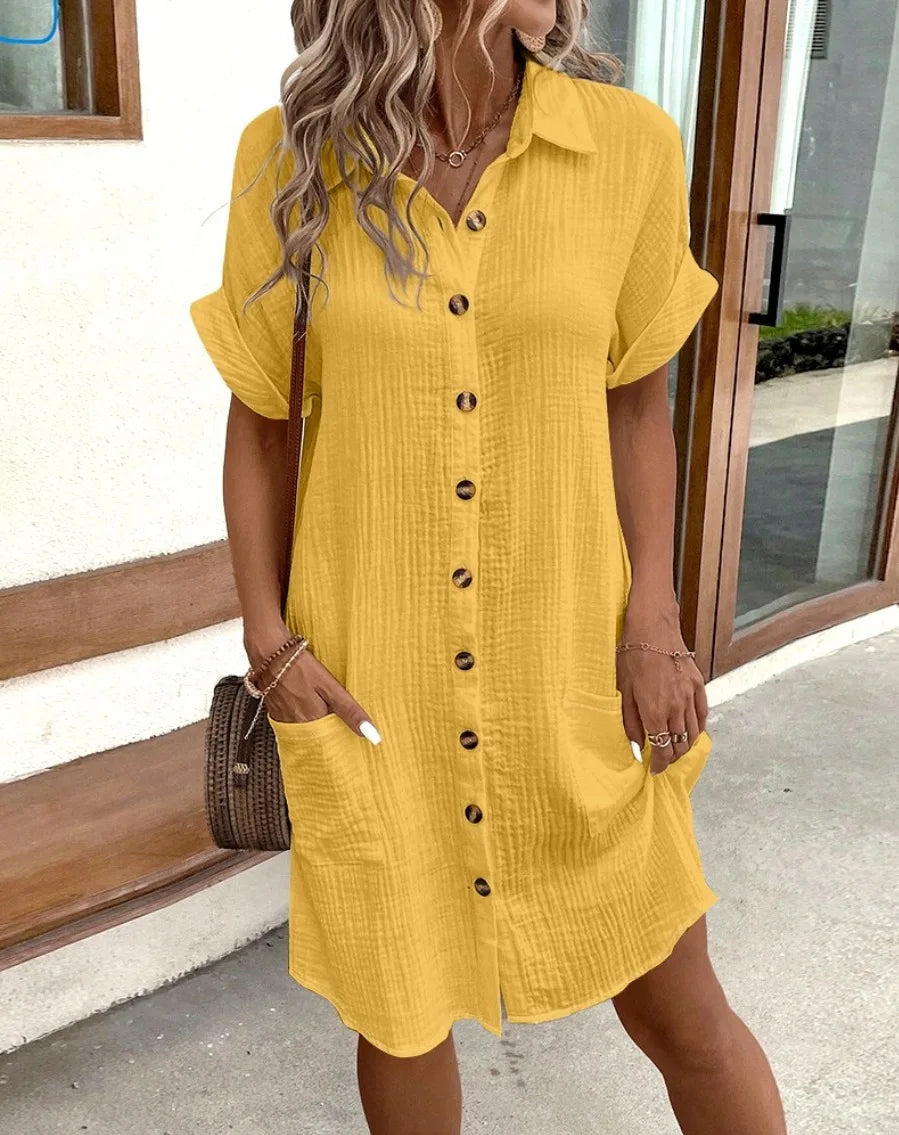 Casual Loose Short Sleeve Button-Up Dress with Pockets - Image 27
