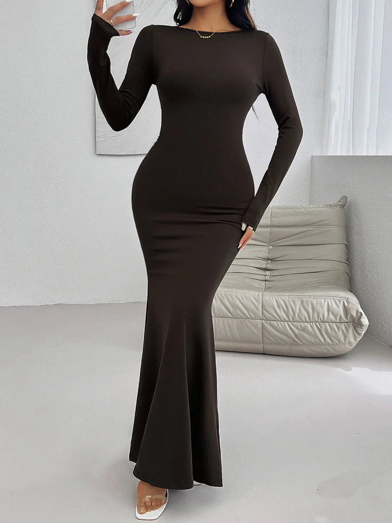 Solid Color Long Sleeve O-neck Women's Bodycon Dress - Image 22