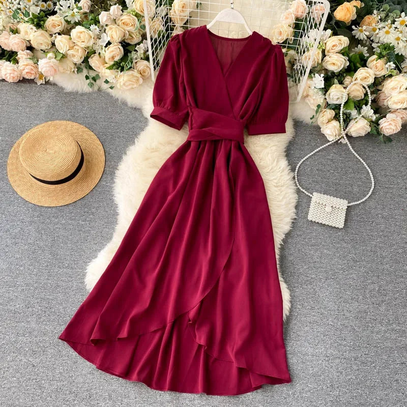 V-neck Solid Color Bubble Dress with Ruffle Edges - Image 11