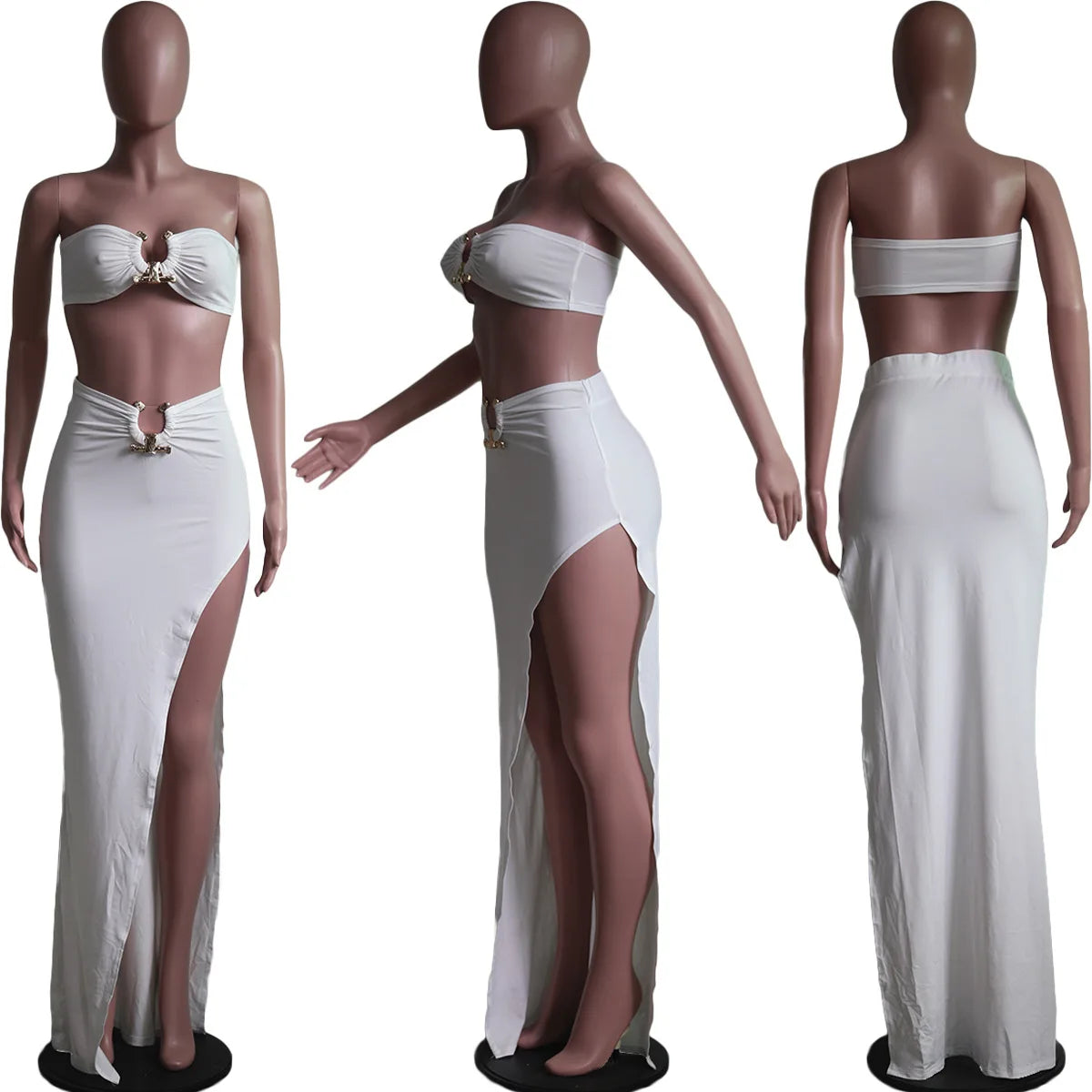Elegant Strapless Hollow Out White High Slit Dress for Women - Image 12