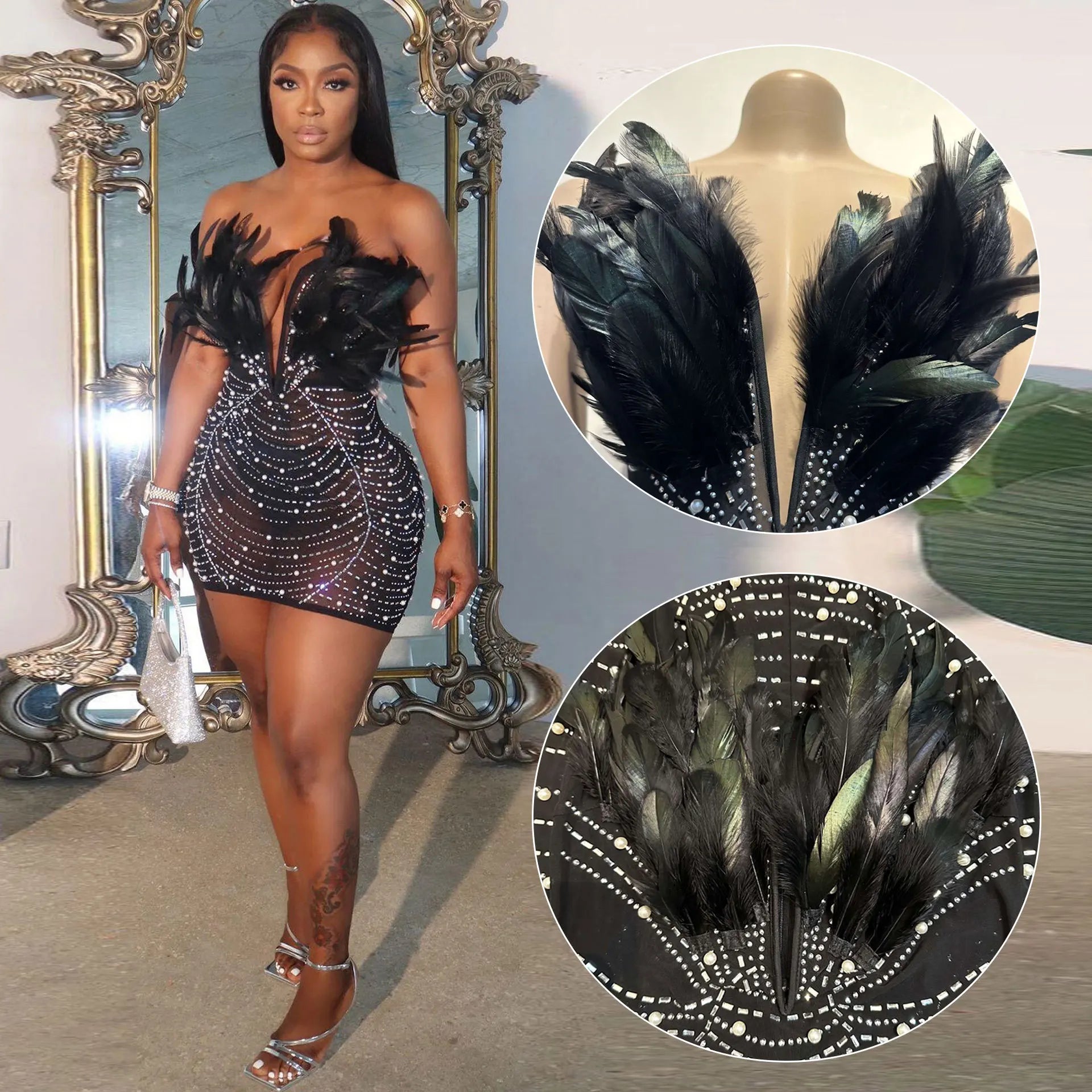 Sexy High Waist Feather Bodycon Mini Dress for Parties - Image 3