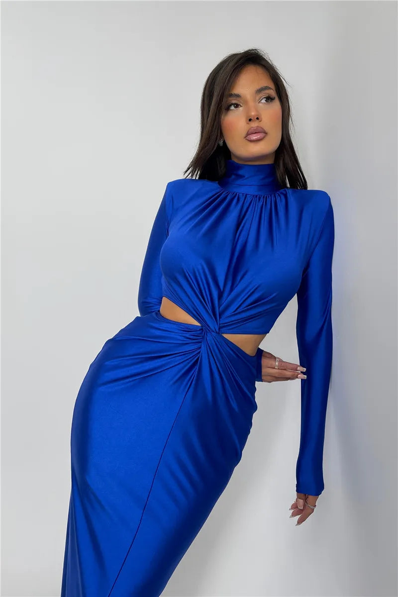 Elegant Hollow Out Turtleneck Long Sleeve Maxi Dress for Women - Image 33