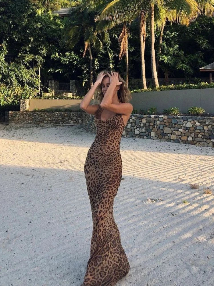 Elegant Sheer Leopard Maxi Dress for Summer Beach Days - Image 3