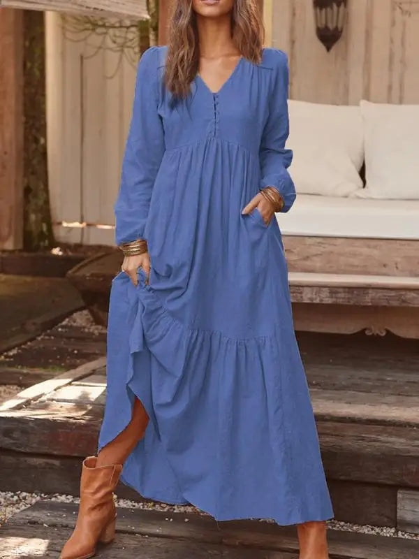 Elegant Vintage V-Neck Cotton-Linen Maxi Dress for Women - Image 15