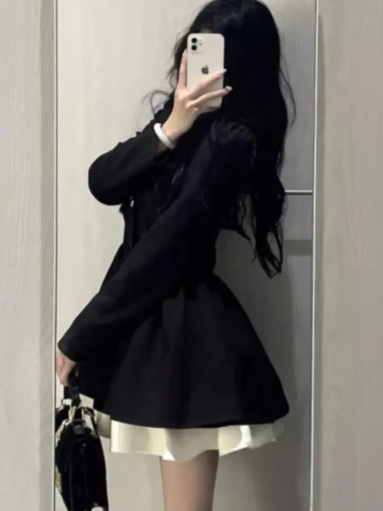 Korean Long Sleeve Black Suit Dress for Women - Image 3