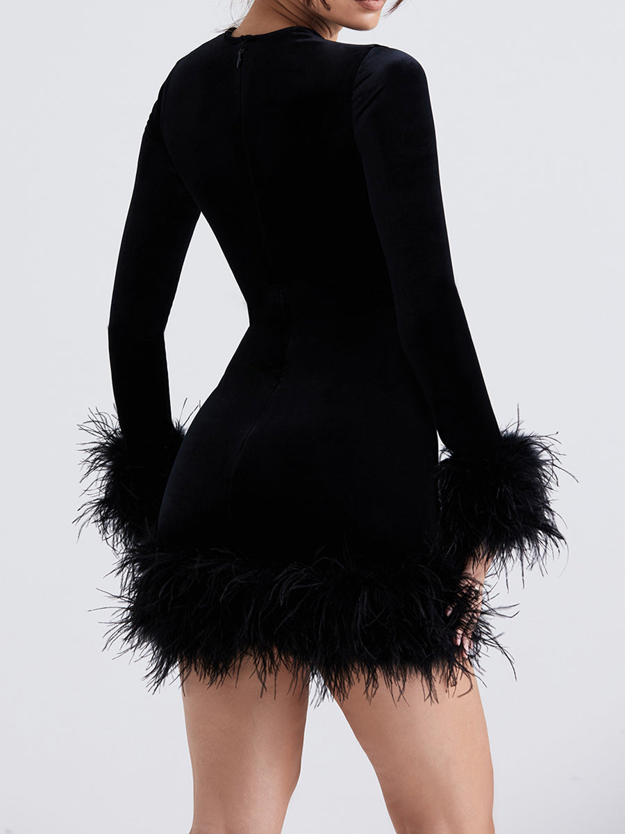 Sleek Mini Bodycon Dress with Feather Accents for Parties - Image 9