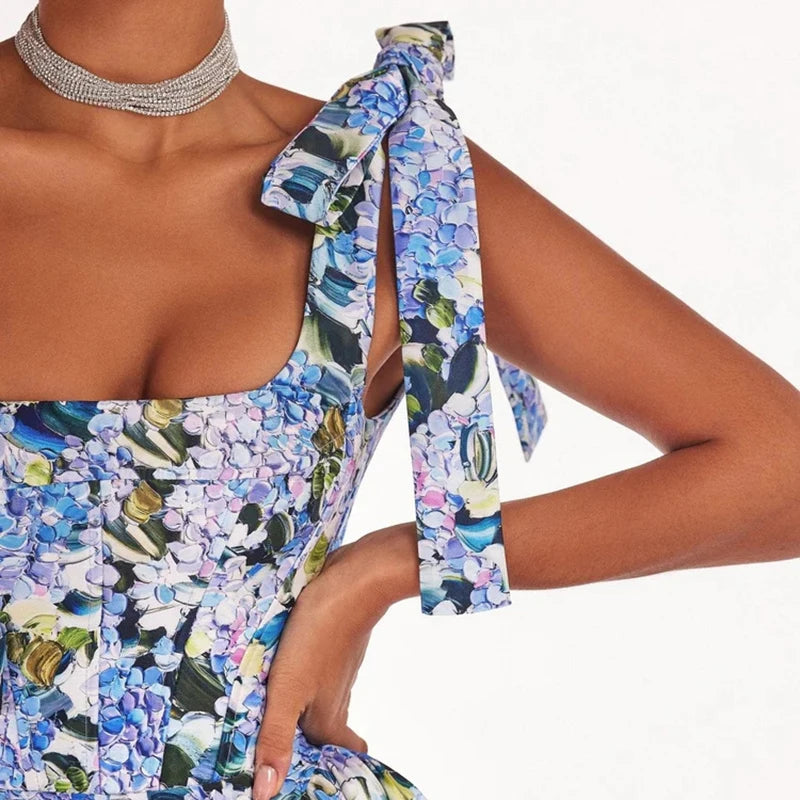 Floral Print Maxi Dress with Square Collar and Lace-up Detail - Image 3