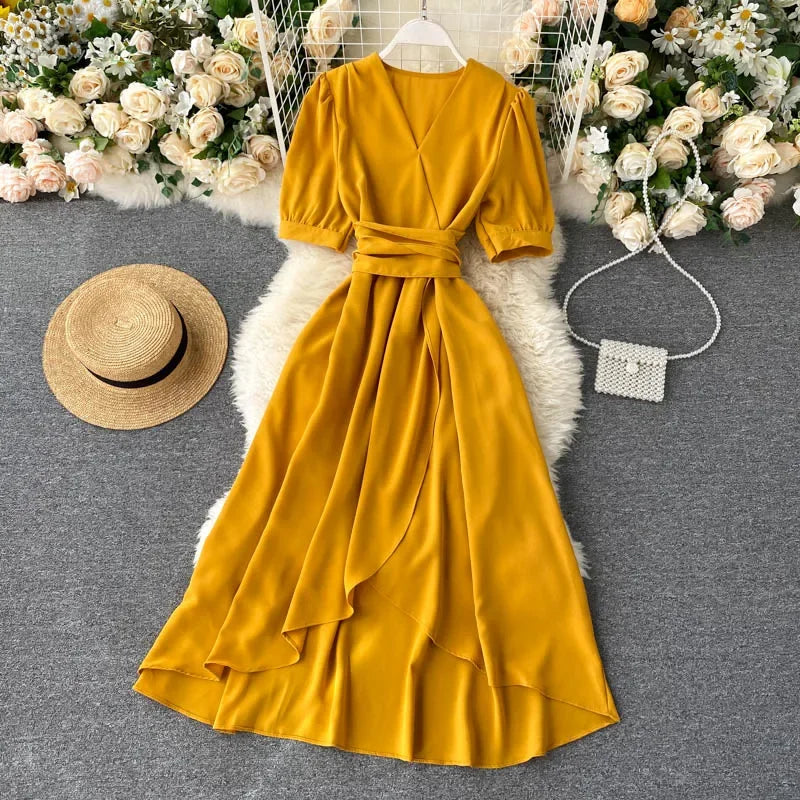 V-neck Solid Color Bubble Dress with Ruffle Edges - Image 16