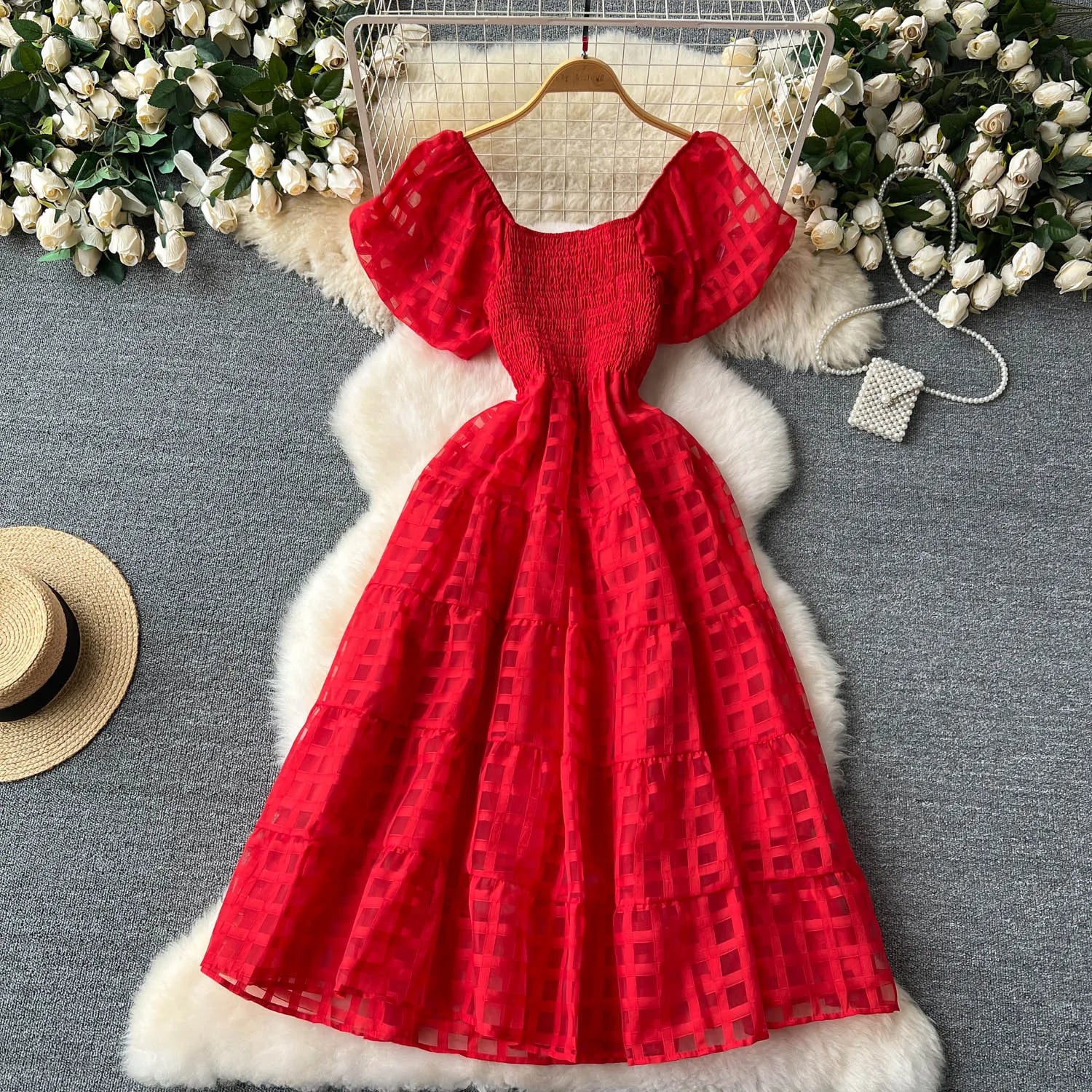 French Vintage Square Collar Puff Sleeve Summer Dress - Image 18