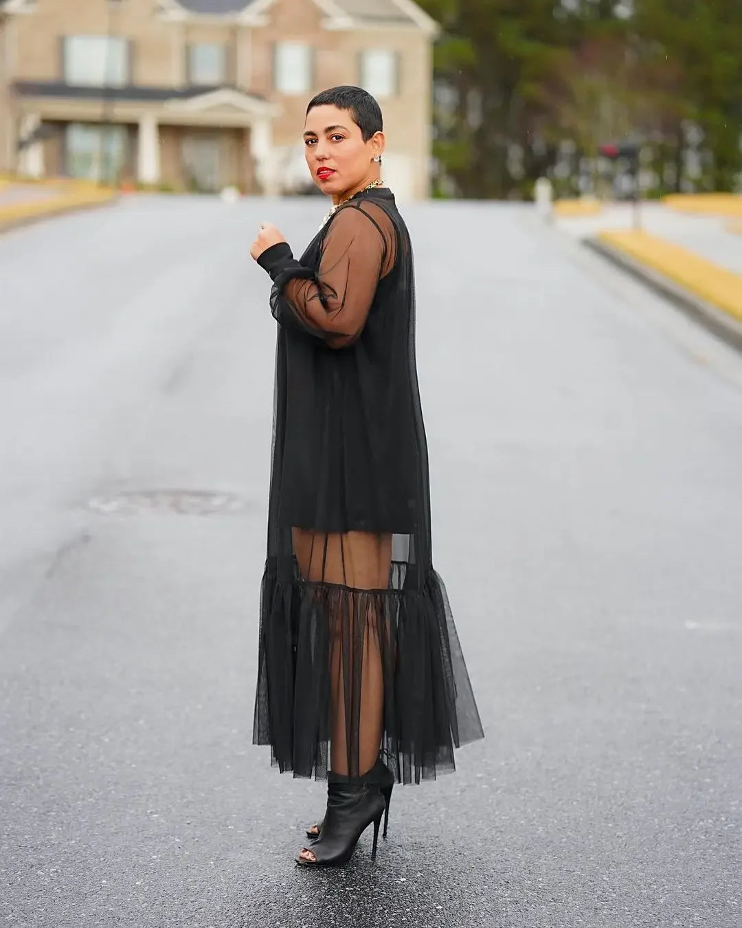 Elegant Black Mesh Ruffle Hem Long Sleeve Maxi Dress - Image 12