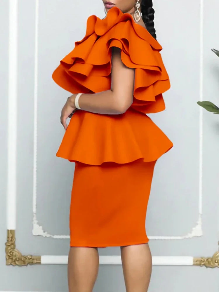 Stylish One-Shoulder Bodycon Peplum Ruffle Party Dress - Image 3