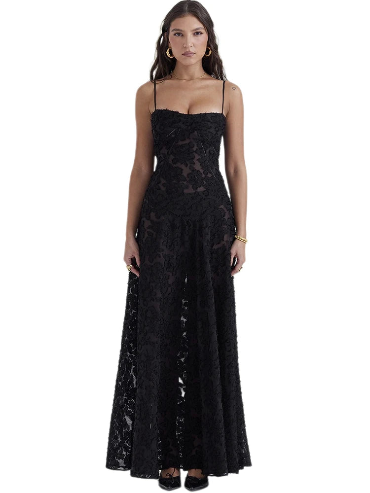 Elegant Boho Sheer Lace Maxi Dress with Spaghetti Straps - Image 6