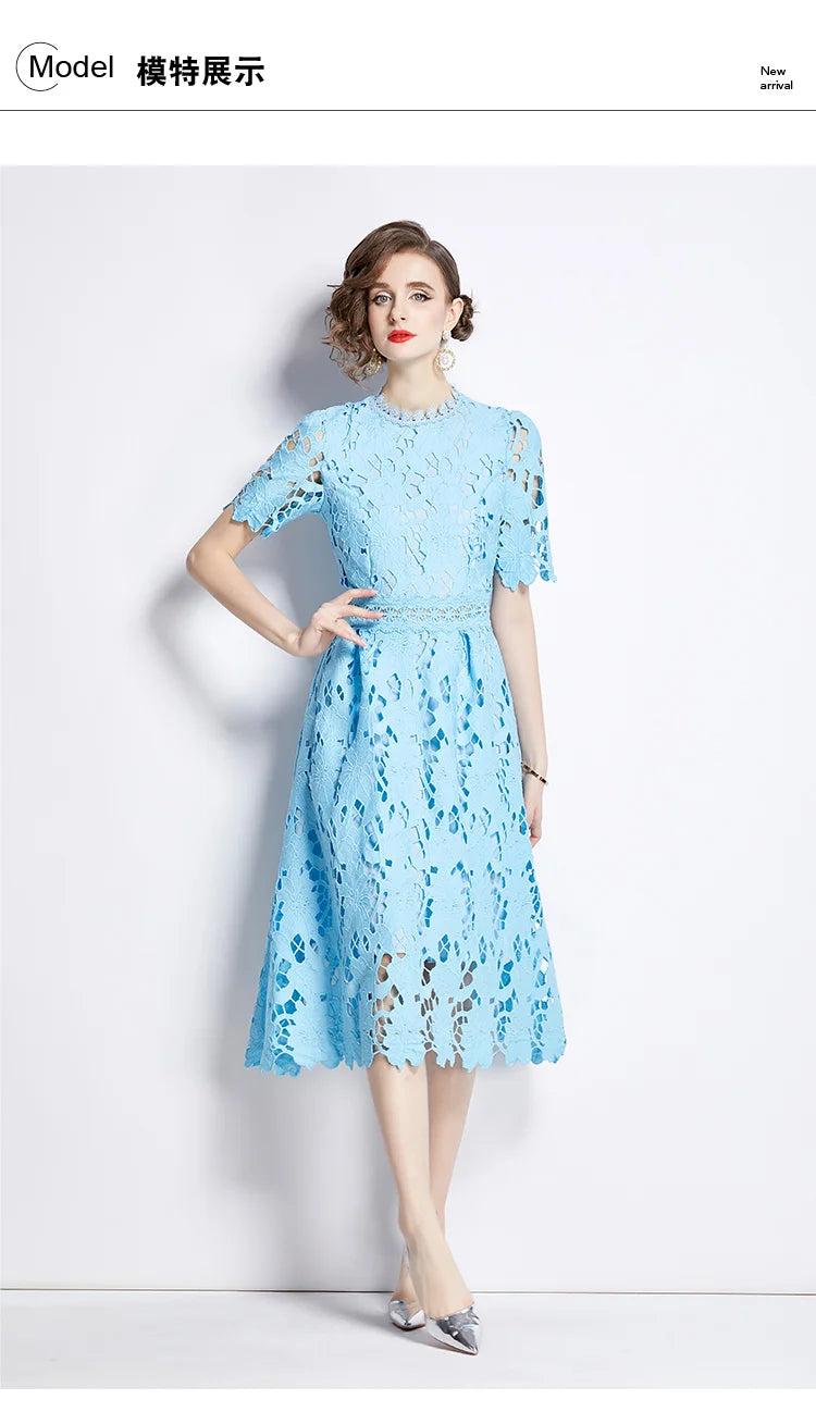 Elegant Embroidered Lace Hollow Out Short Sleeve Dress - Image 14