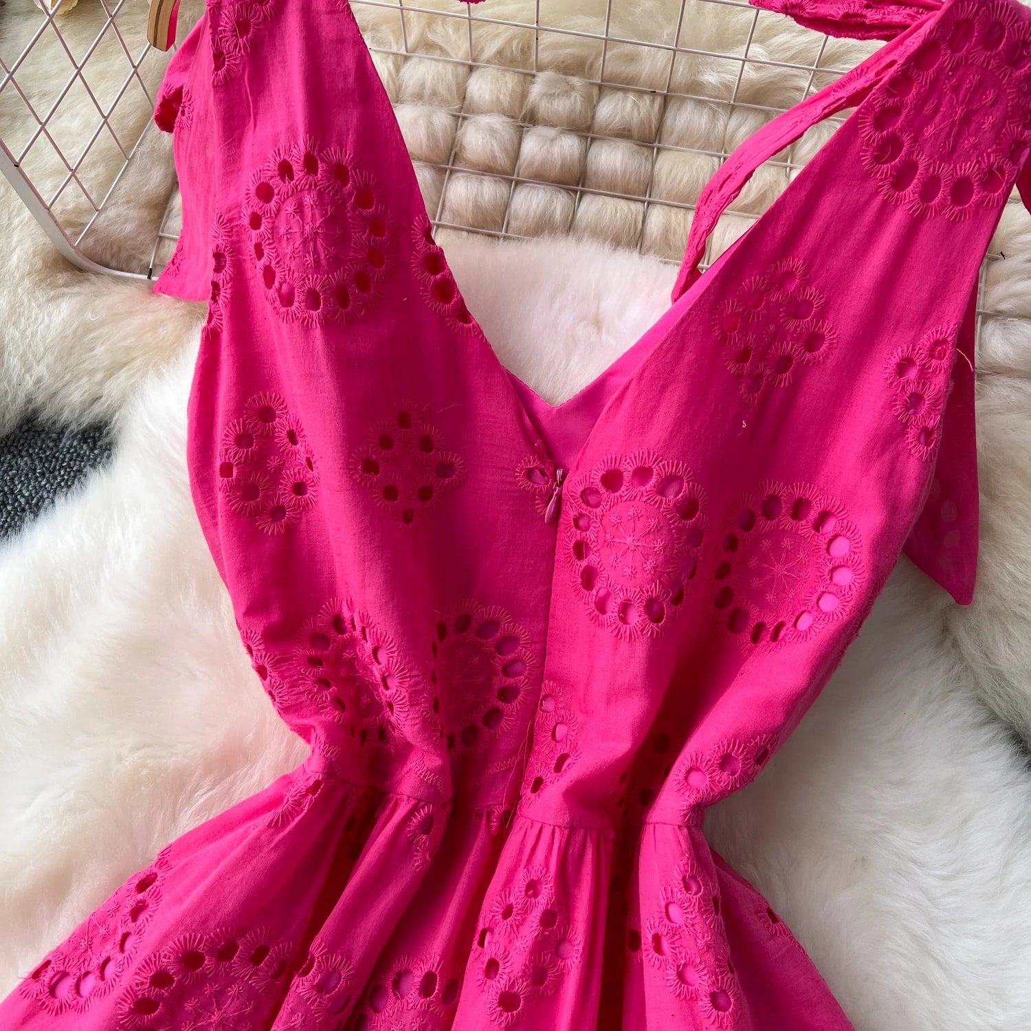 Chic A-Line Summer Slip Dress with Embroidery Bow - Image 3