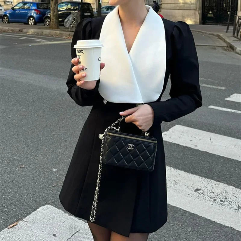 Elegant Contrast Color Double-Breasted Mini Dress for Office Wear - Image 18