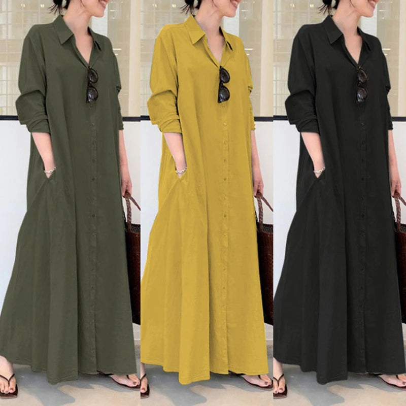 Casual Solid Color Lapel Long Sleeve Pocket Shirt Dress - Image 3