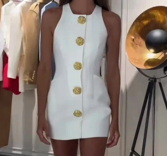 Elegant Sleeveless Mini Dress with Button Detail and Pockets - Image 5