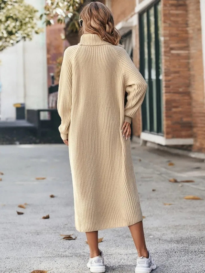 Women's Solid Color High Collar Long Knit Sweater Dress - Image 15