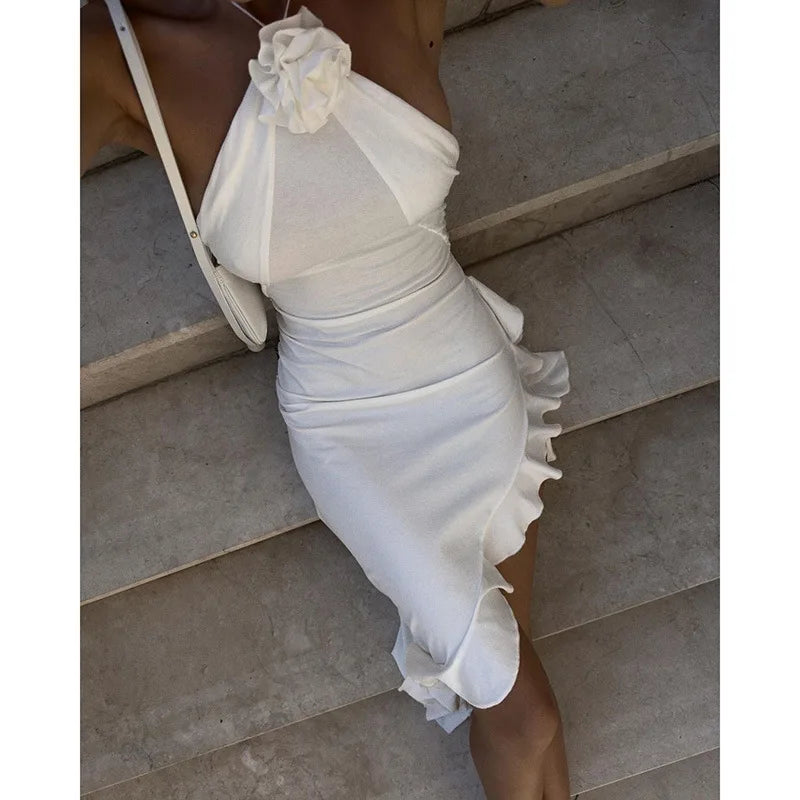 Elegant Backless Floral Ruffle Dress with Slit Detail - Image 12