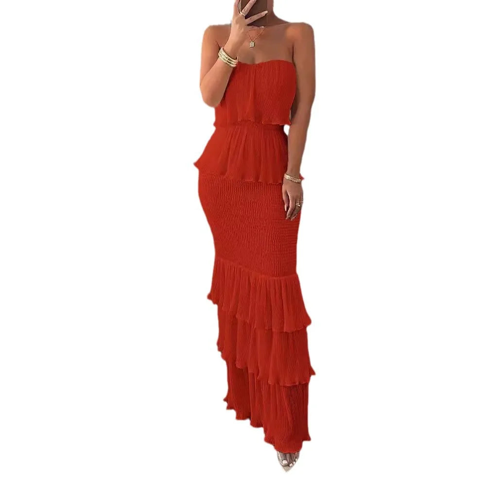 Chic Boho Pleated Ruffled Edge Dress for Women - Image 3