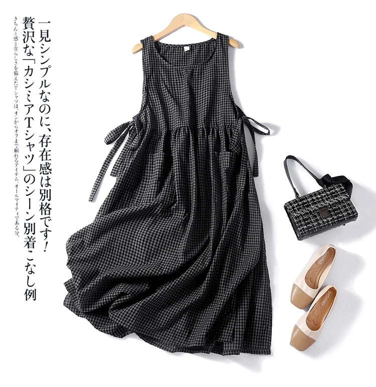Summer Cotton Sleeveless Plaid Tank Dress for Women - Image 12