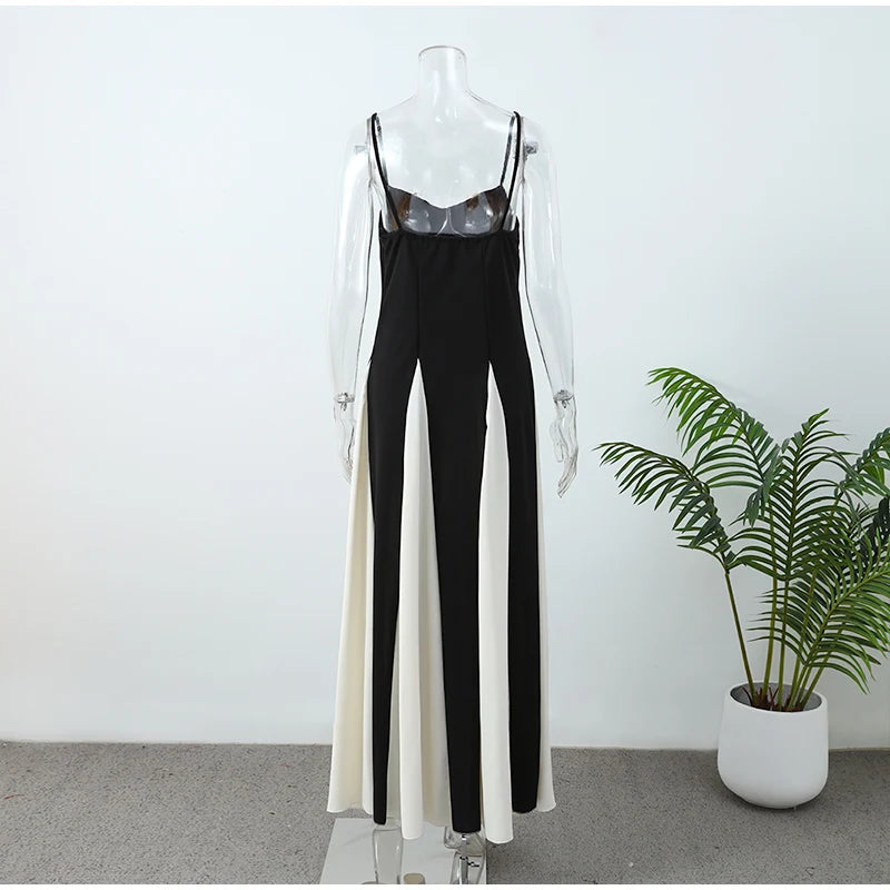 Elegant Slim Contrast Patchwork Sling Maxi Dress for Women - Image 13