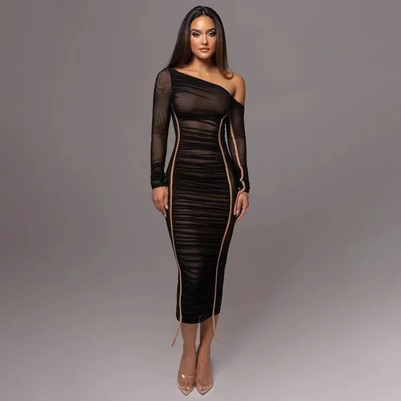 Elegant One-Shoulder Mesh Bodycon Dress for Evening Parties - Image 7