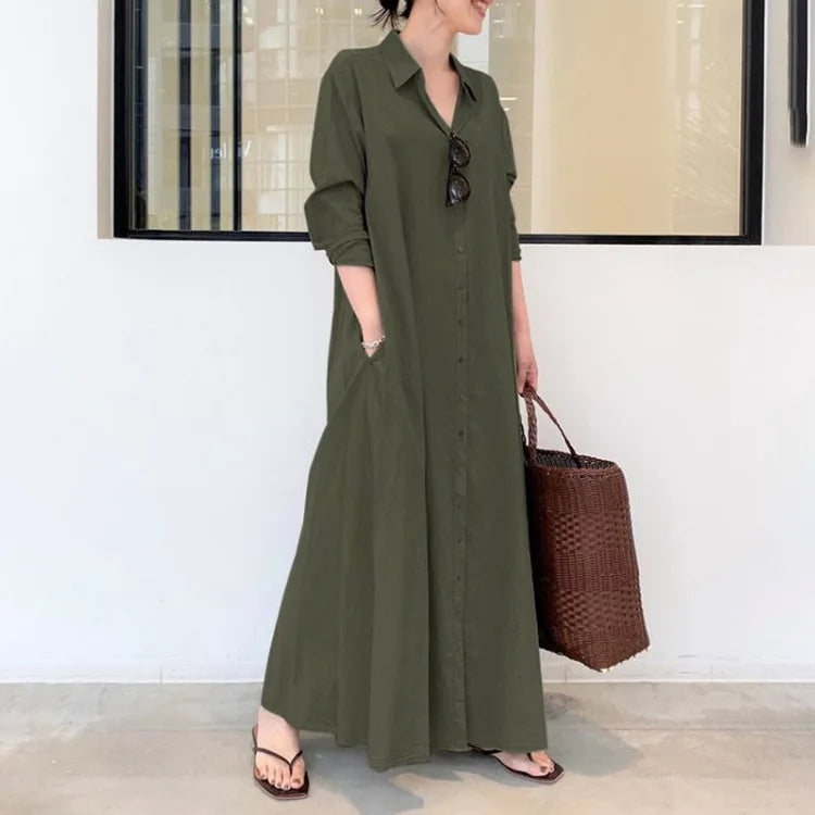 Casual Solid Color Lapel Long Sleeve Pocket Shirt Dress - Image 7