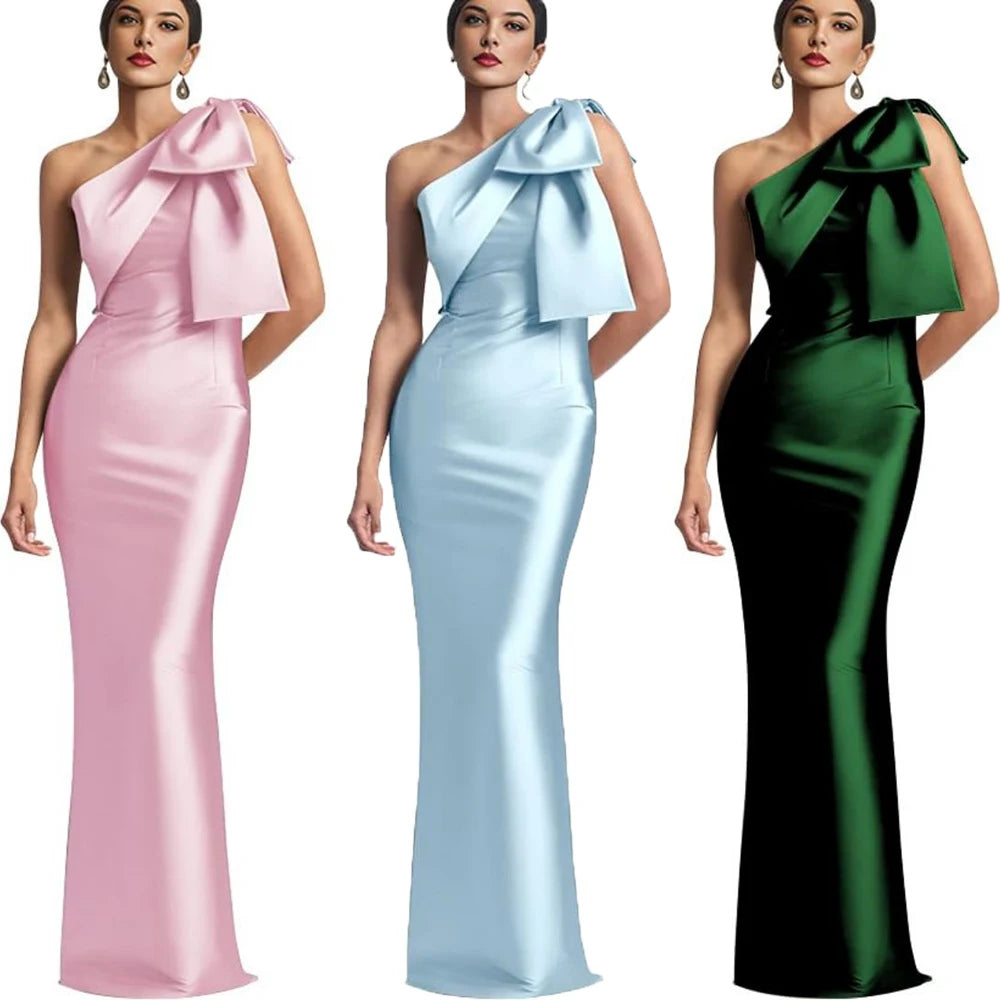 Elegant Satin Single Shoulder Evening Dress with Bow
