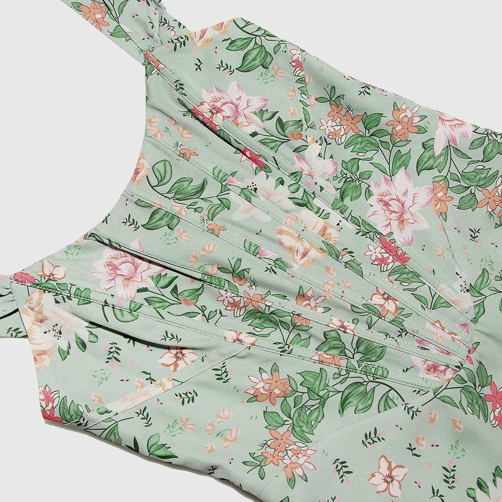 Elegant Green Lace-Up Floral Print Summer Dress for Women - Image 35