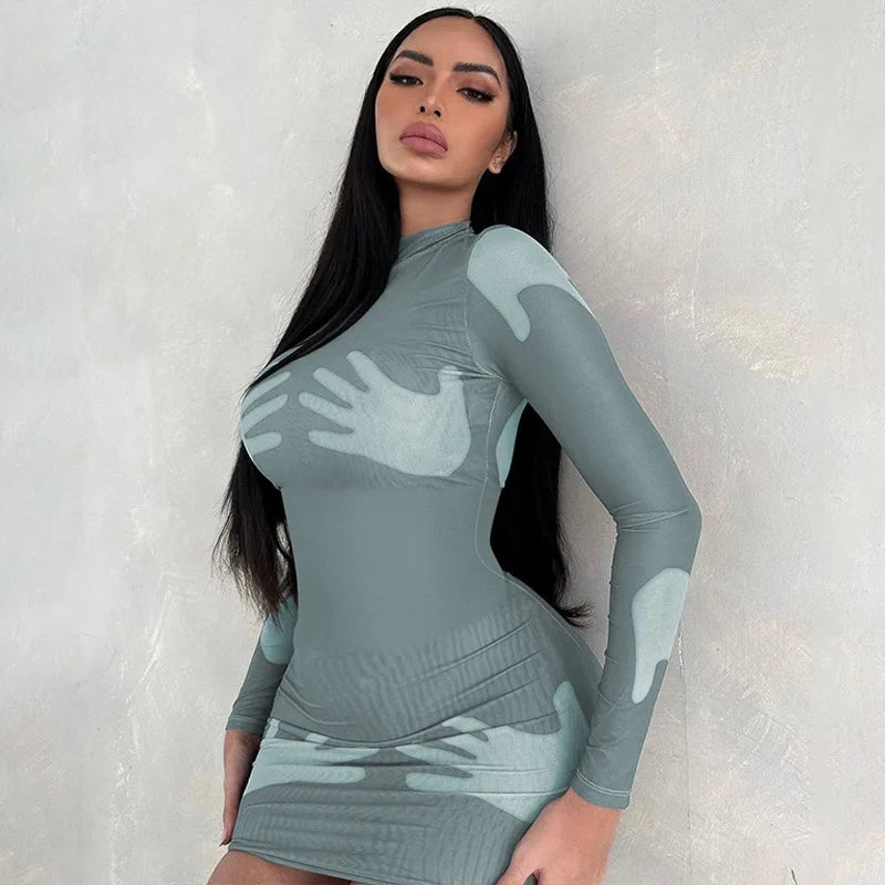 Trendy Women's Printed High Collar Long Sleeve Dress - Image 3