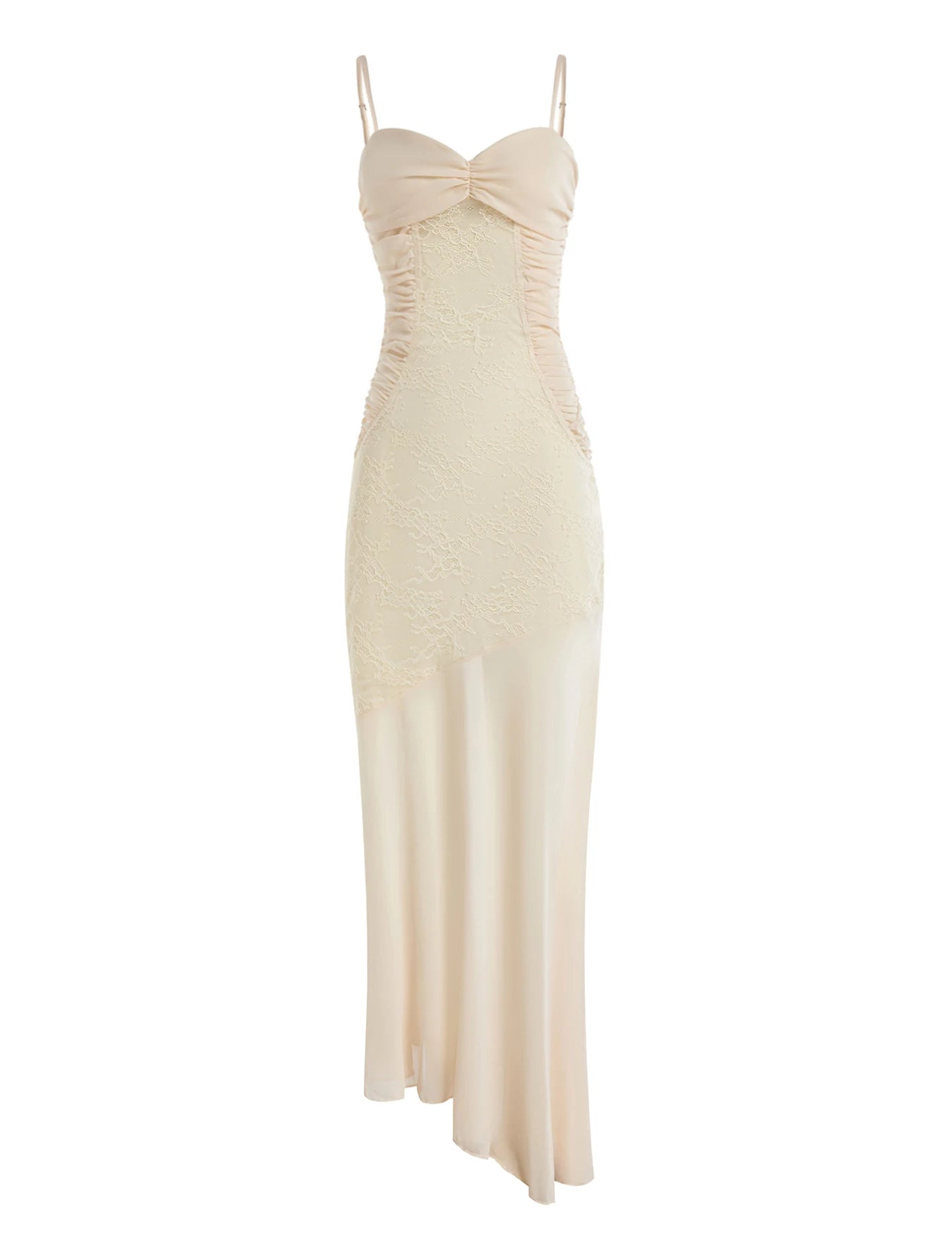 Elegant Beige Lace Spaghetti Strap Bodycon Dress for Summer - Image 7