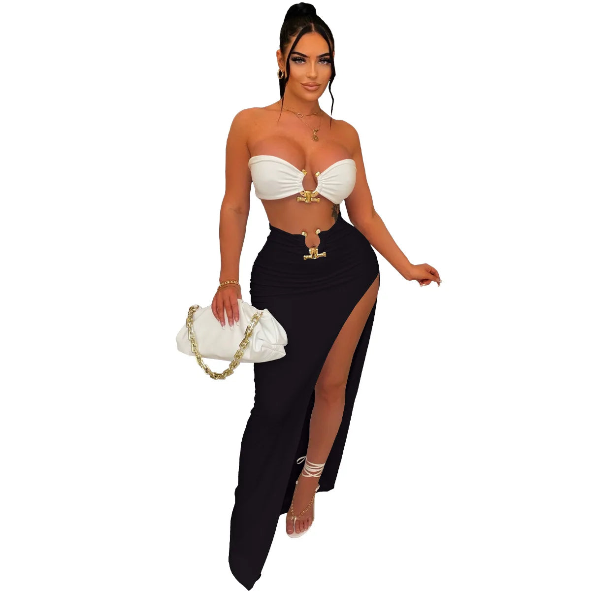 Elegant Strapless Hollow Out White High Slit Dress for Women - Image 8