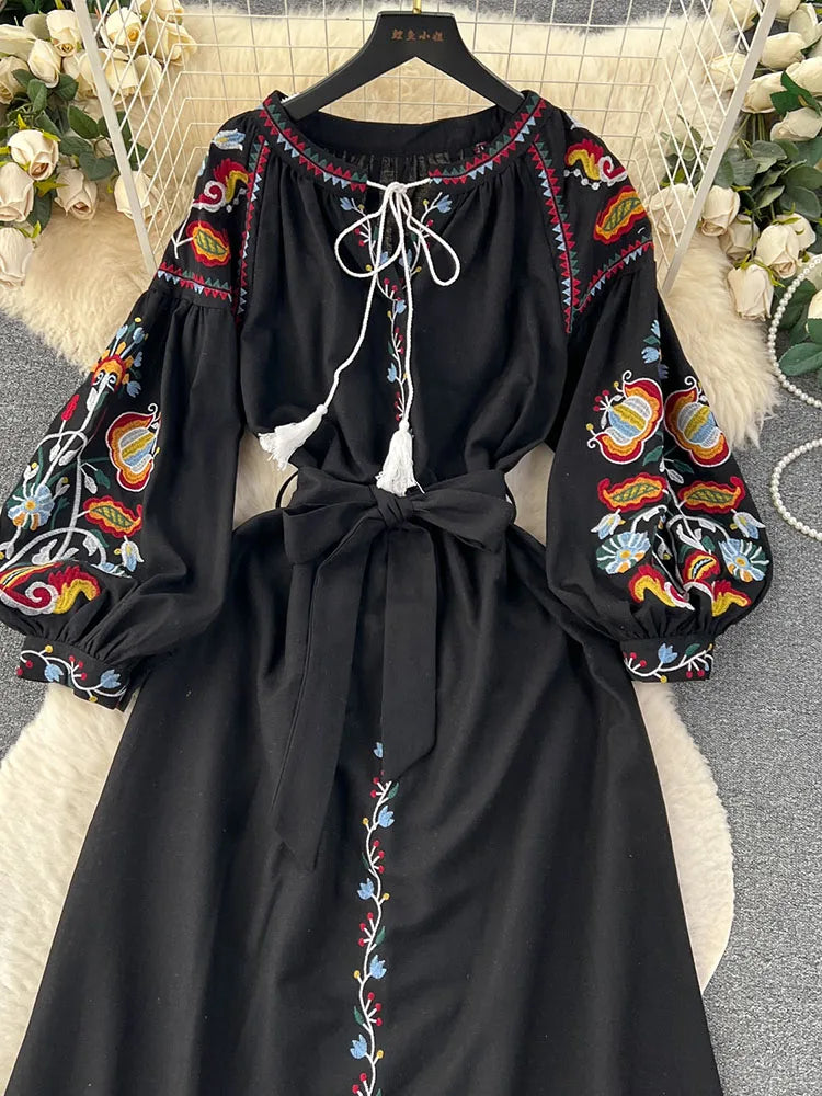 Vintage Ethnic Lantern Sleeve A-line Cotton Linen Dress - Image 22