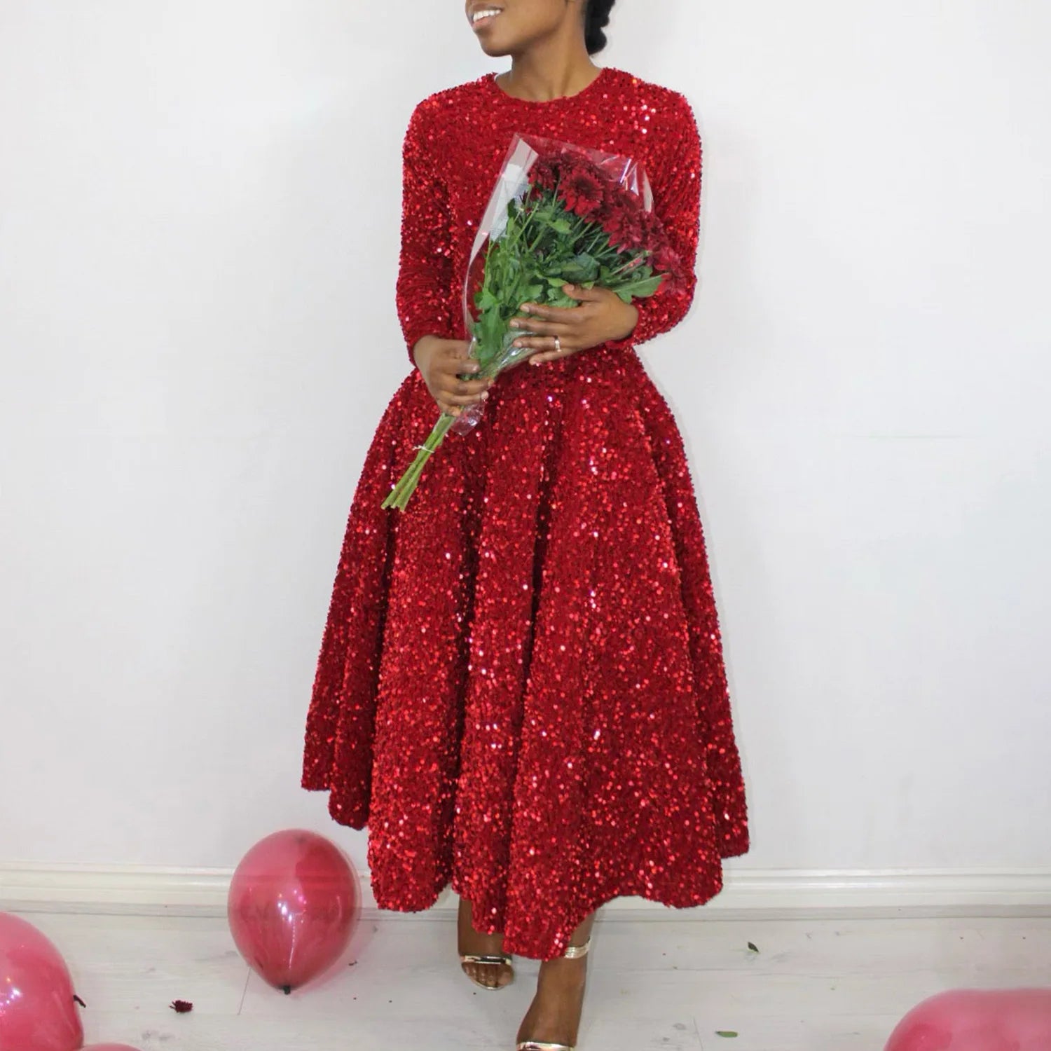 Chic High Waist Sequin Long Sleeve Autumn Dress - Image 15