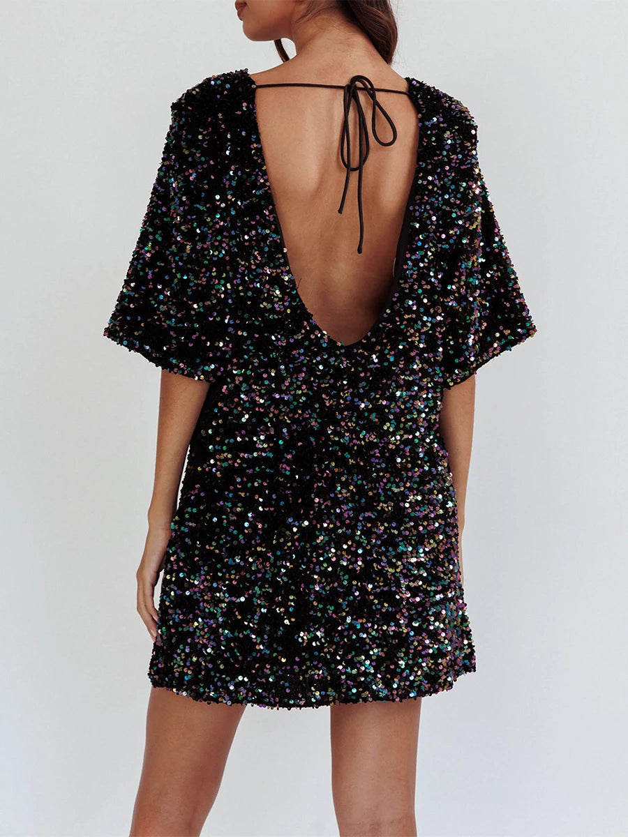 Shiny Sequin Mini Dress with Open Back for Parties - Image 3