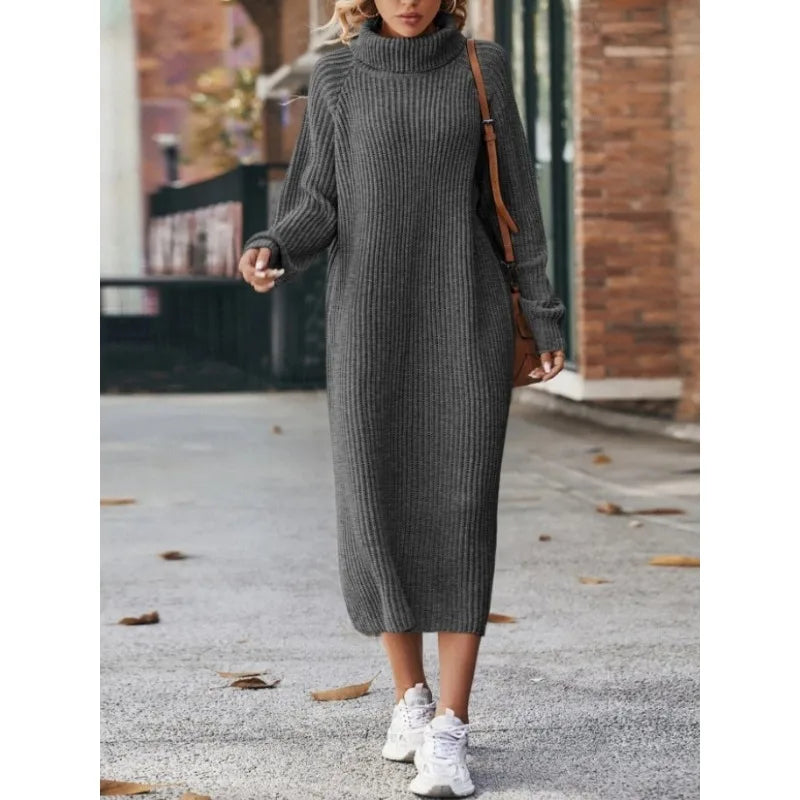 Women's Solid Color High Collar Long Knit Sweater Dress - Image 4