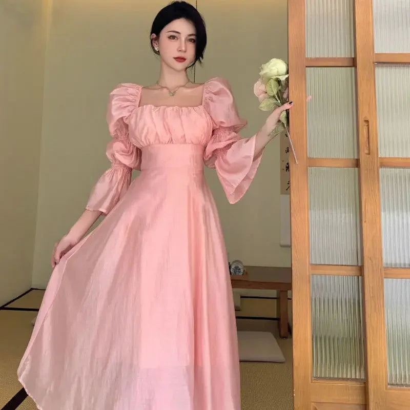 Elegant Pink Puff Sleeve Chiffon Dress for Women - Image 3