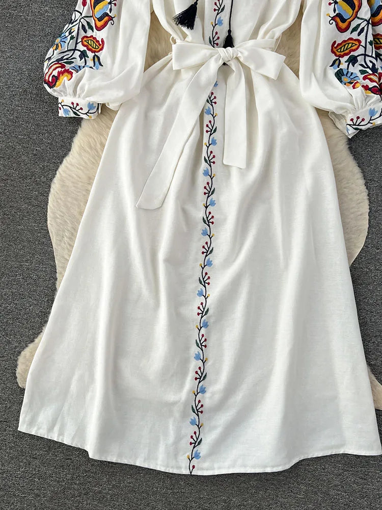 Vintage Ethnic Lantern Sleeve A-line Cotton Linen Dress - Image 20