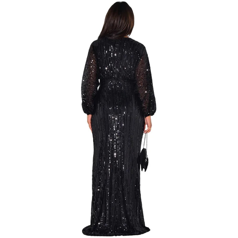 Elegant V-Neck A-Line Sequins Evening Dress for Women - Image 36